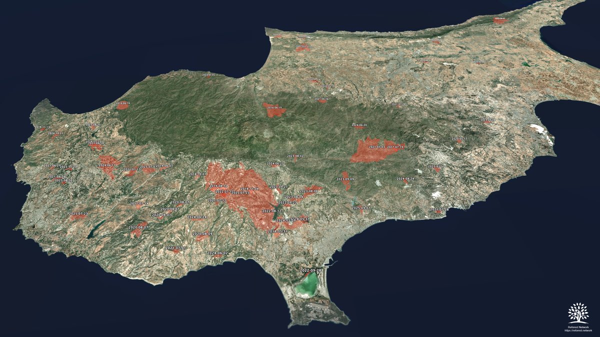 ReforestNetwork's tweet image. A minor update 0.61 here. Several bugs fixed and some optimizations made. New locations added. More data on past wildfires included. In this screenshot, you can see how much of Cyprus’s territory has been devastated by wildfires over the last 10 years. This is terrifying!