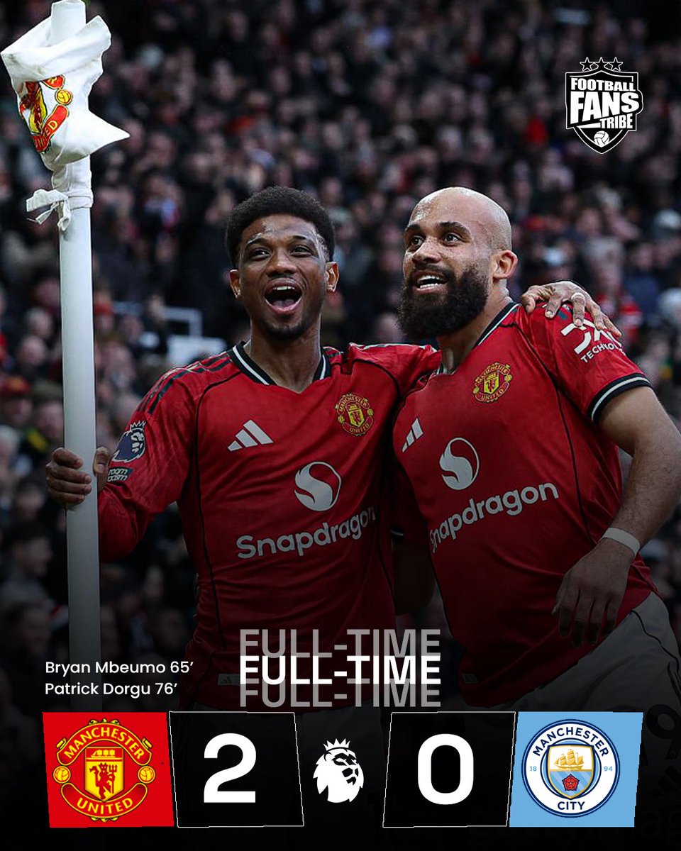 FansTribeHQ's tweet image. Manchester United Don win the Manchester Derby with a dominate performance over city Rivals Manchester City. Goals from Mbeumo and Dorgu naii finish work for Manutd and give interim boss Michael Carrick him first win since taking over.

Red Devils, Una enjoy this one?

#ManUtd…