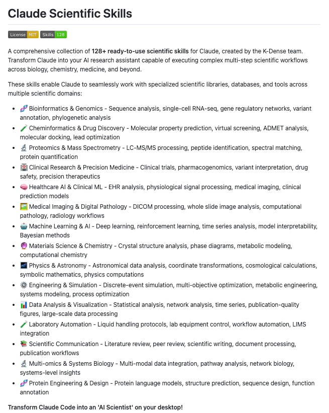 ICYMI, this is such a great open-source drop!

Put Claude on steroids with 120+ scientific skills spanning maths, biology, chemistry, medicine, and engineering 🤯

If you’ve wanted Claude to act like a research assistant, this gets very close.

Free and open source.

Repo in 🧵↓