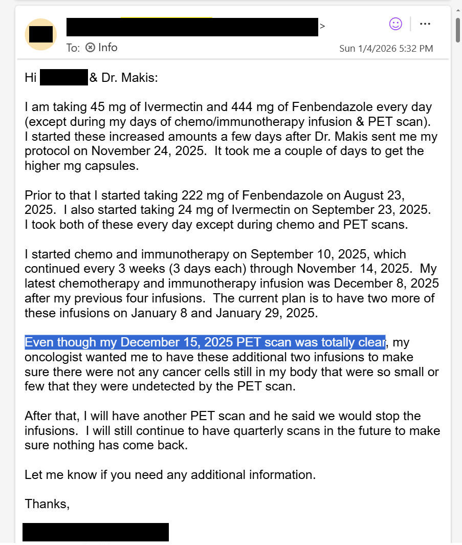 MakisMedicine's tweet image. NEW ARTICLE: IVERMECTIN and FENBENDAZOLE Testimonial - 71 year old Texas man with Stage 4 Esophageal Cancer reports after 4 months - Oncologist told him he was terminal, now he is Cancer Free!

Another Oncologist proven wrong!! 😃

STORY:
71 year old Texas man with Stage 4…