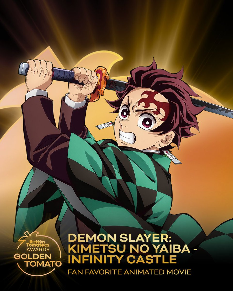 RottenTomatoes's tweet photo. #DemonSlayer: Kimetsu no Yaiba Infinity Castle wins the Golden Tomato for Fan Favorite Animated Movie.
https://t.co/iKtC1hogUw https://t.co/t6hHtaz44l