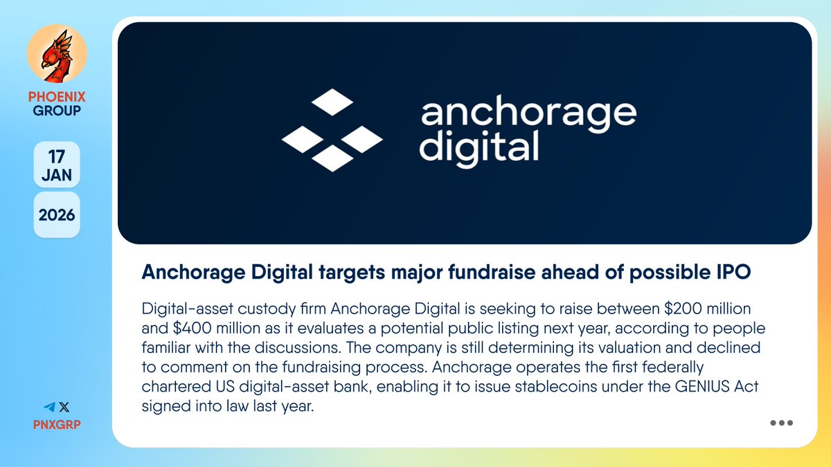 🔥 @Anchorage targets major fundraise ahead of possible IPO Digital-asset  custody firm #AnchorageDigital is seeking to raise between $200 million and  $400 million as it evaluates a potential public listing next year,