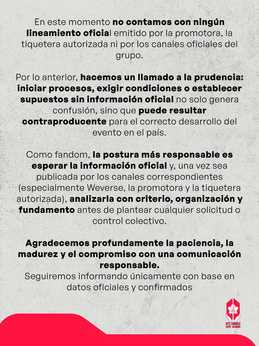BTSFondosARMYCo's tweet image. ARMY Colombia 🇨🇴💜
En este momento es clave informarnos con responsabilidad.

Para Colombia aún no existe información oficial sobre preventa, precios, venue ni plataforma.
Mientras no haya anuncios confirmados, evitemos asumir escenarios o exigir condiciones que no han sido…