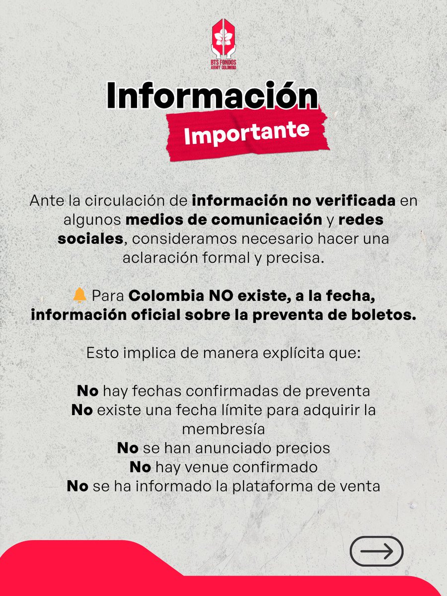 BTSFondosARMYCo's tweet image. ARMY Colombia 🇨🇴💜
En este momento es clave informarnos con responsabilidad.

Para Colombia aún no existe información oficial sobre preventa, precios, venue ni plataforma.
Mientras no haya anuncios confirmados, evitemos asumir escenarios o exigir condiciones que no han sido…