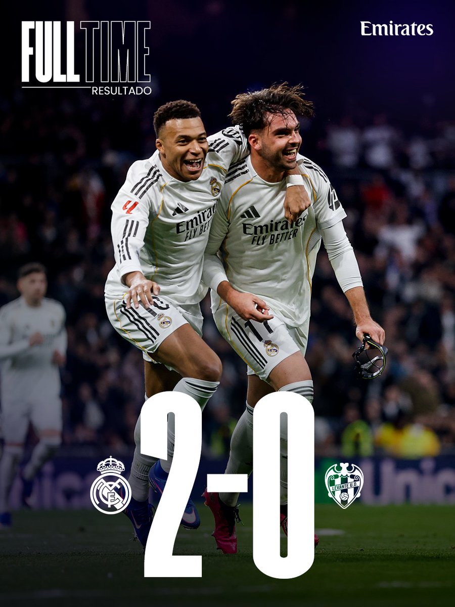 🏁 FP: @RealMadrid 2-0 <a href="/LevanteUD/">Levante UD</a>
⚽ 58' <a href="/KMbappe/">Kylian Mbappé</a> (p.)
⚽ 65' <a href="/RaulAsencio_17/">Raúl Asencio</a>
👉 @Emirates