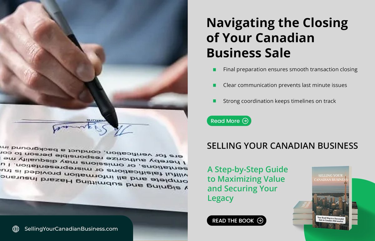 Navigating the Closing of Your Canadian Business Sale

 The closing stage of a business sale is where all planning comes together. Documents, approvals.

Read more: sellingyourcanadianbusiness.com/articles/f/nav…

 #BusinessSaleClosing #SellYourBusiness #BusinessOwners #EntrepreneurLife #ExitPlanning