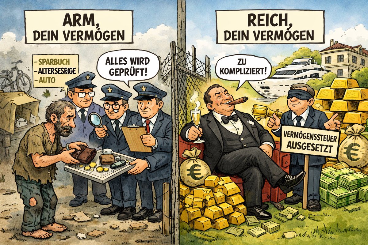 JoachimRock's tweet image. Verrückt: Die #Vermögensteuer für Reiche ist seit 1997 ausgesetzt, v.a. weil Vermögen so schwer zu bewerten sei. In der neuen #Grundsicherung werden etwaige Ersparnisse künftig von Anfang an geprüft. #Armut? Abschaffen!