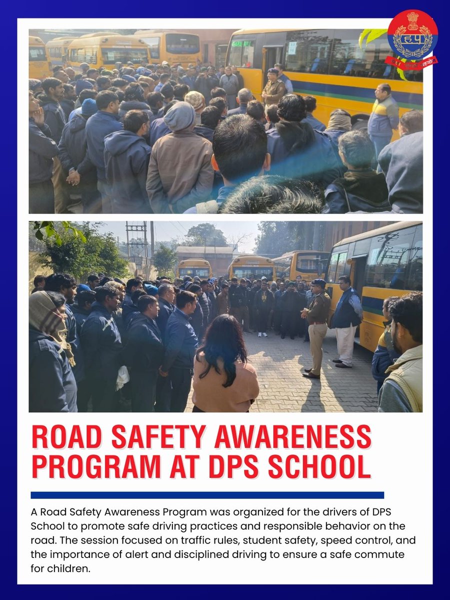 TrafficGGM's tweet photo. Gurugram Traffic Police conducted a road safety awareness session for DPS school drivers, highlighting traffic rules, speed control, and student safety.
Safe driving ensures safe journeys for children.
#RoadSafety #StudentSafety #GurugramTrafficPolice #SafeCommute https://t.co/Qx7MWNEkZ7