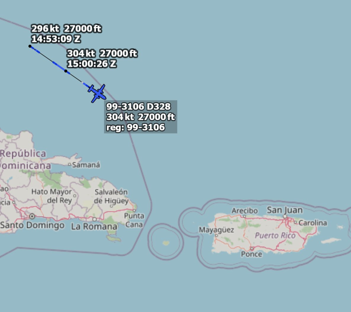r4streando's tweet photo. #AE68AE | 99-3106 | D328 
AFSOC Dornier C-146A Wolfhound

Inbound from Homestead ARB (#HST/#KHST) to Ceiba (#RVR/#TJRV), Puerto Rico. https://t.co/KJ3k5TzS7n