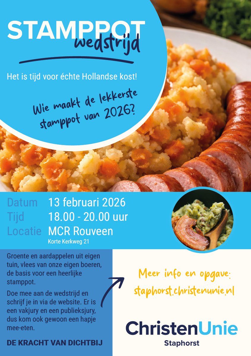 CUstaphorst's tweet image. Stamppot, wie is er niet groot mee geworden? Aardappels, groente en vlees. Met boerenkool of wortels, zuurkool of andijvie. Stevige kost met een flink stuk worst, spek of een lekkere gehaktbal. Heerlijk, zeker in deze winterperiode!
Samen stampen &amp;amp; eten!👉 staphorst.christenunie.nl/nieuws/2026/01…