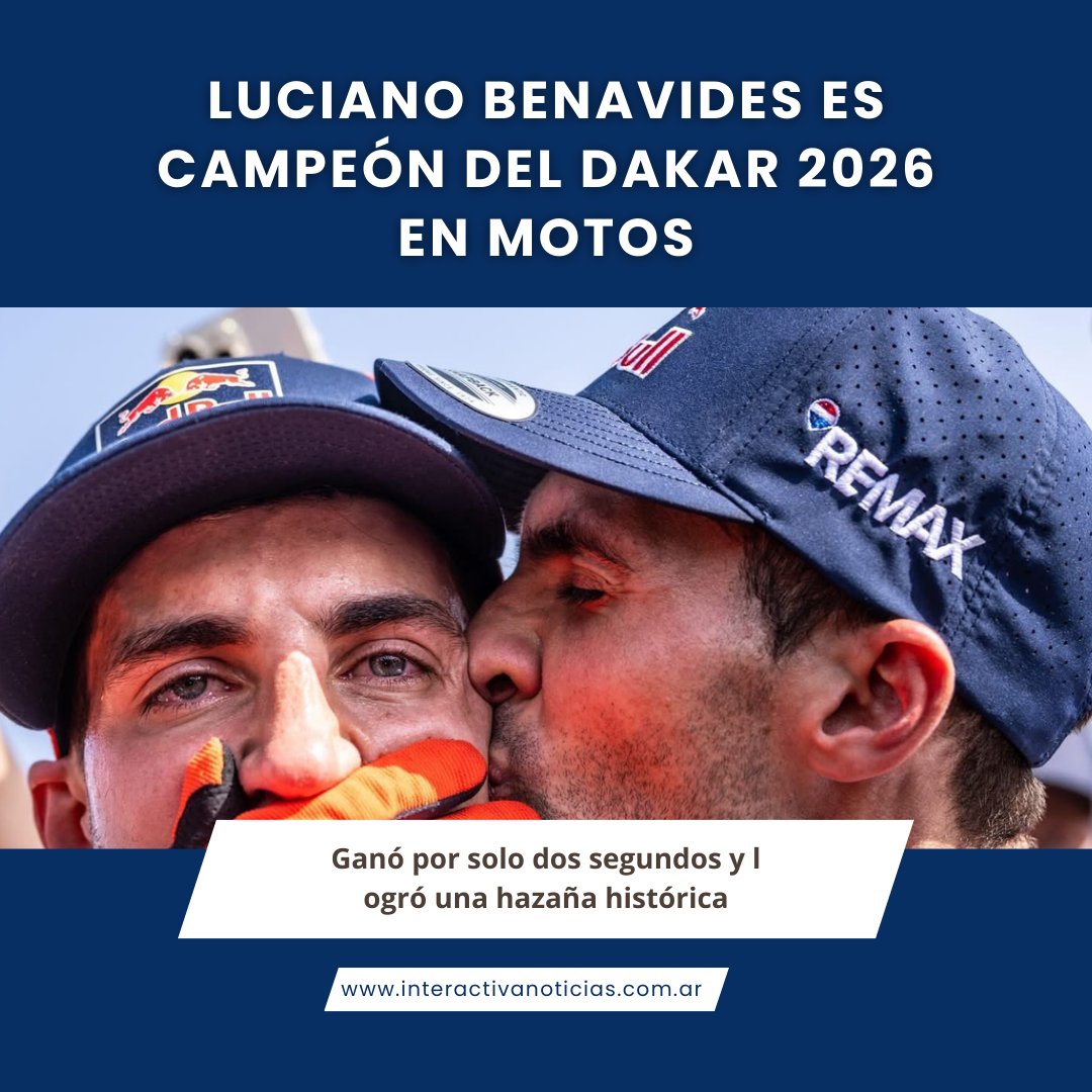 Luciano Benavides es campeón del Dakar 2026 en motos: Ganó por solo dos segundos y logró una hazaña histórica #OrgulloSalteño

interactivanoticias.com.ar/luciano-benavi…