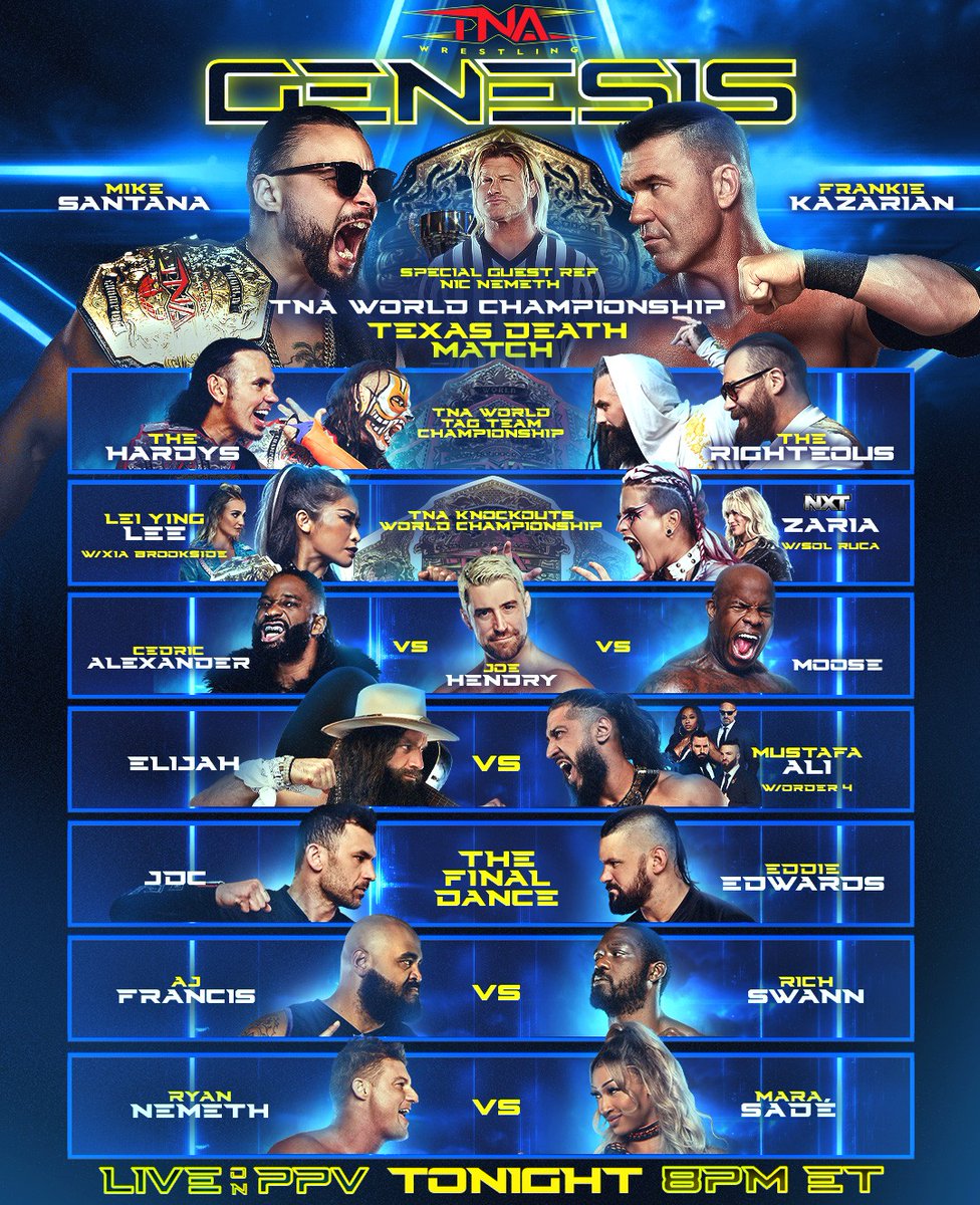 ThisIsTNA's tweet photo. #TNAGenesis is TONIGHT LIVE at 8pm ET on PPV and TNA+! Use code GENESIS26 for 10% off HERE: https://t.co/VpWjSXI4Ax https://t.co/jOmpRelx0f