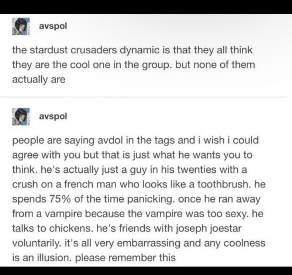 LeiaThompson3's tweet image. One of the best jojo tumblr posts of all time 😭