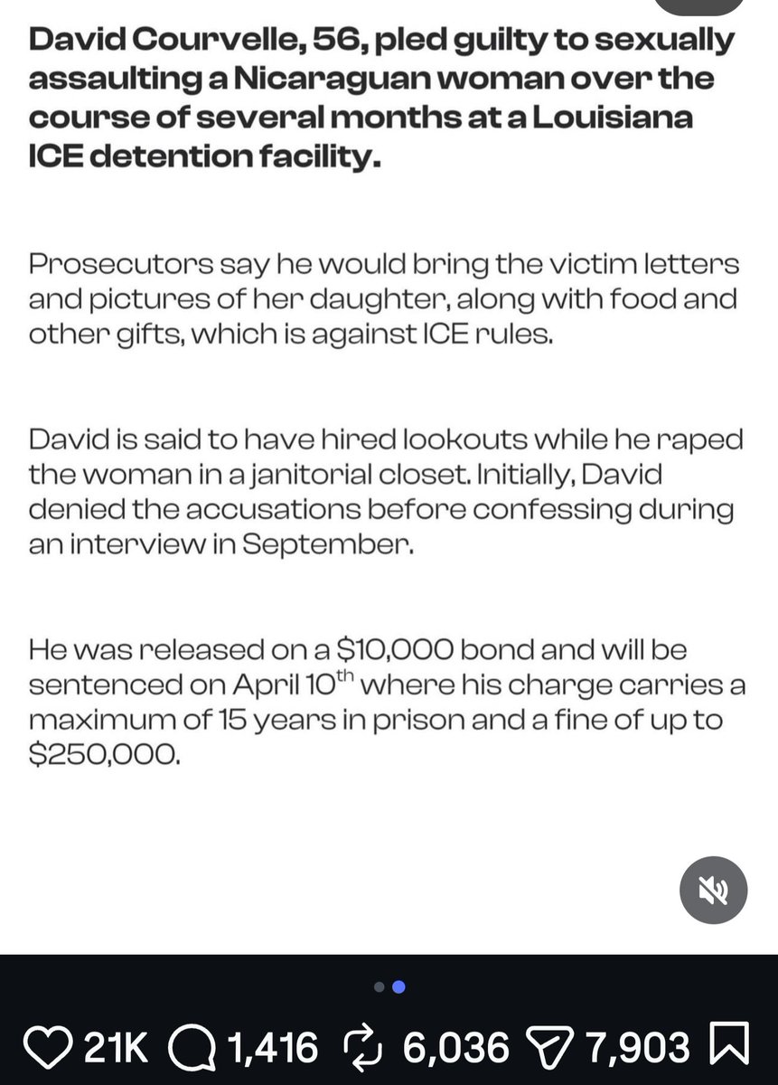 ExiledEarthling's tweet image. An #ICEAgent, David Courvelle, recently confessed to &amp;amp; was convicted of raping a Nicaraguan woman for months while she was held in a detention center in Louisiana. Released on bail. Courvelle is to be sentenced in April 2026.
#ImpeachTrumpNow 
#IceOutNow 
#ImpeachVanceNow