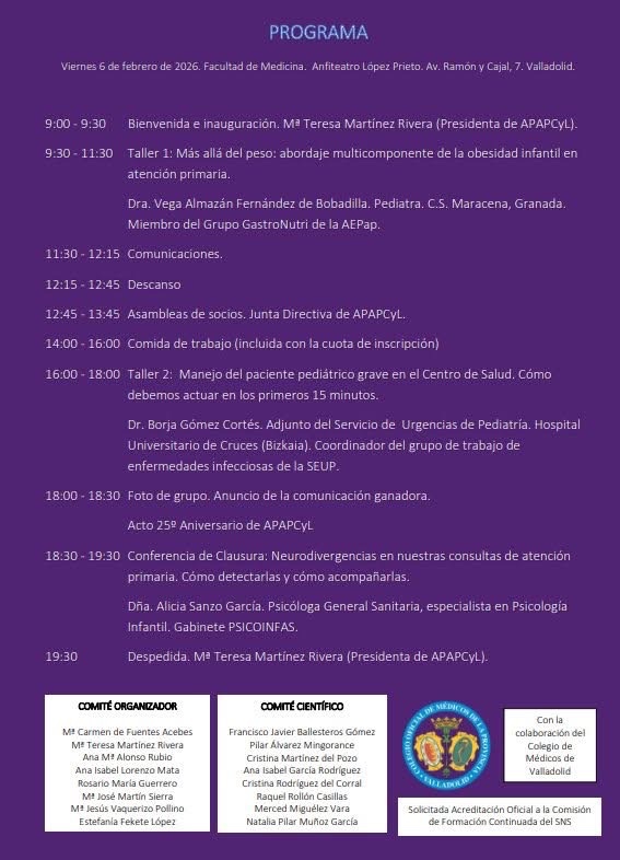 aepap's tweet image. 🎓 XXV Reunión anual de la Asociación de Pediatría de Atención Primaria de Castilla y León @apapcyl en Valladolid el viernes 6 de Febrero de 2026 con un programa muy interesante que compartimos con vosotros. 

Enlace a la inscripción: 

apapcyl.es/abierto-el-pla…