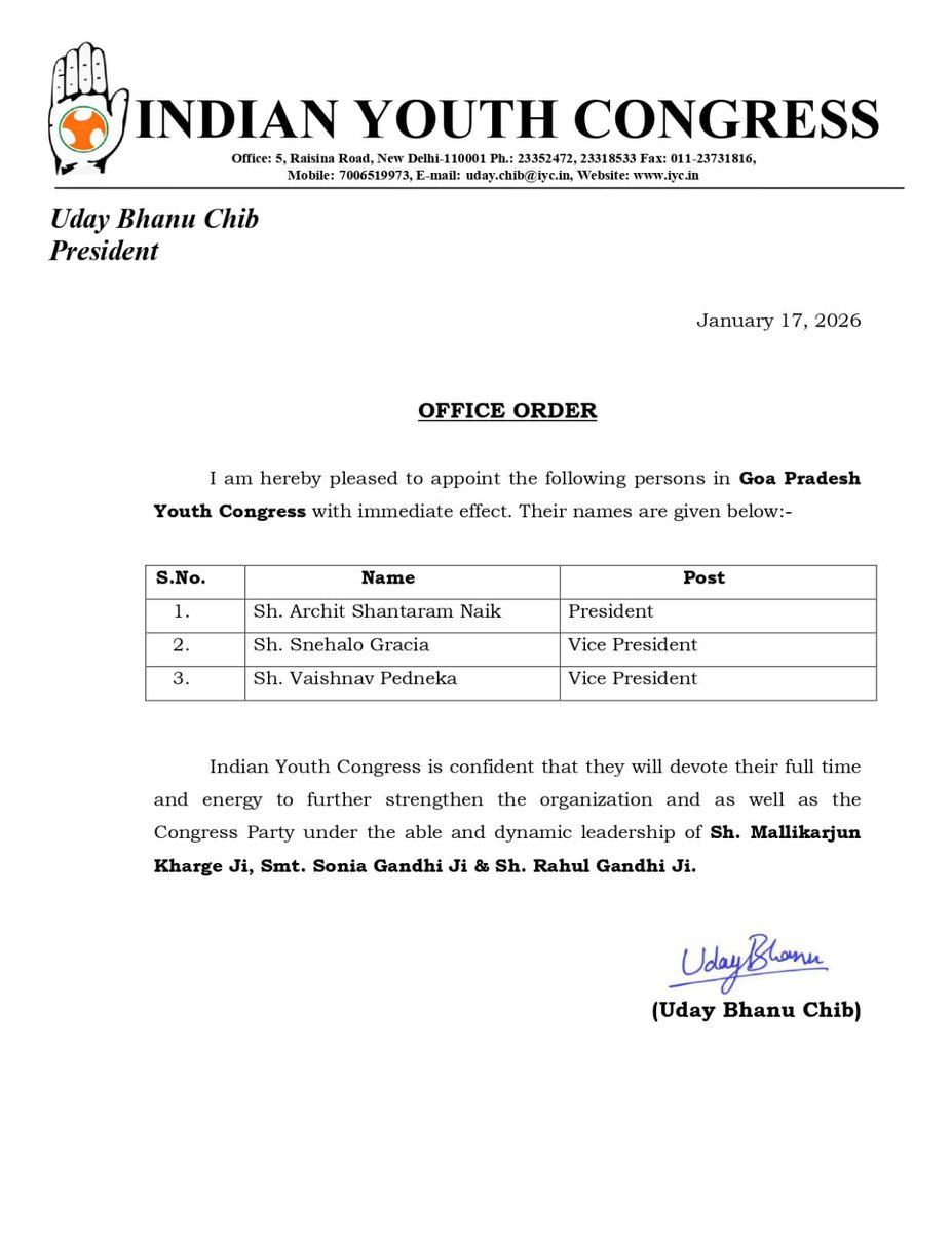 Heartiest congratulations to <a href="/AdvArchitNaik/">Adv. Archit Naik</a> for being appointed as the President of <a href="/IYCGoa/">Goa Pradesh Youth Congress</a>.
Wishing you great success as you take forward the aspirations, rights and voice of young people with renewed determination.