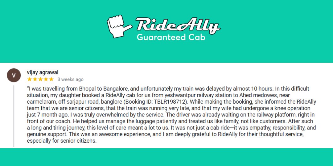 Here’s a testimonial from our customer, Mr. Vijay Agrawal.

In moments of exhaustion, empathy becomes everything.
RideAlly stands by families and senior citizens when it matters most.
More than a cab. A promise of care.
Book now: rideally.com/apps