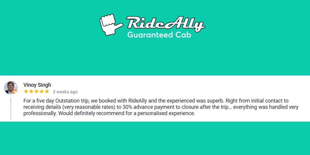 Here’s a testimonial from our customer, Mr. Vinoy Singh.

From first call to trip closure — everything handled with care and professionalism.
A truly personalised outstation experience with RideAlly
Book now: rideally.com/apps