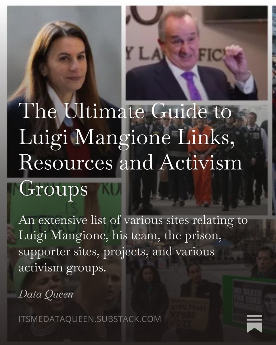 Hey everyone, I have published my first Substack post called 'The Ultimate Guide to Luigi Mangione Links, Resources and Activism Groups'. It's a collection of links I have been filing away for the past few months.

itsmedataqueen.substack.com/p/the-ultimate…