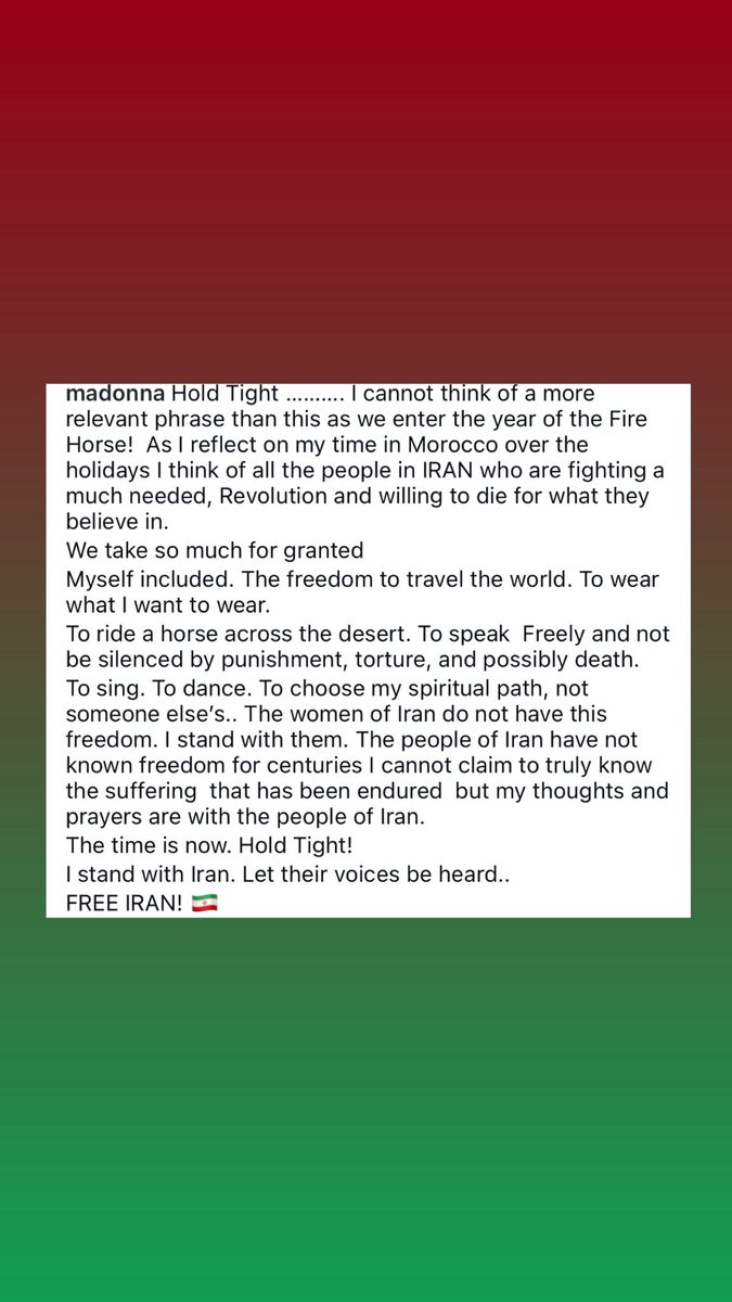 LaEtxebarria's tweet image. En este post Madonna alza la voz por las mujeres en Irán y por el pueblo de Irán. Cosa que no han hecho ni Javier Bardem, ni Mark Ruffalo, ni Angelina Jolie ni Susan Sansa Sarandon,ni la gran mayoría de los actores y actrices españoles