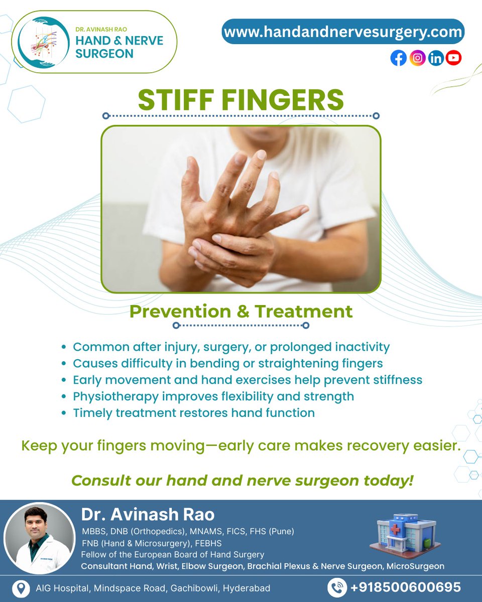 HandSurgeon01's tweet photo. Free the Grip, Restore Motion. Stiff fingers can signal arthritis or overuse—early exercises &amp; care improve flexibility &amp; daily comfort. #StiffFingers #HandHealth #JointCare #ArthritisAwareness #MoveBetter  #DrAvinashRao
Call:+91-85006 00695 https://t.co/iiLuCFh37g https://t.co/Ymm5rxLyS1
