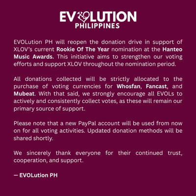 phevolution_'s tweet photo. Hi, EVOLs! โค๏ธโ๐ฅ
Donation drive is back to support XLOVโs ROTY nomination on Hanteo Music Awards!
#EVOLutionPH #EVOLveWithXLOV #XLOV #์์ค๋ฌ๋ธ #WUMUTI #RUI #HYUN #HARU https://t.co/4SOqaw4wQw