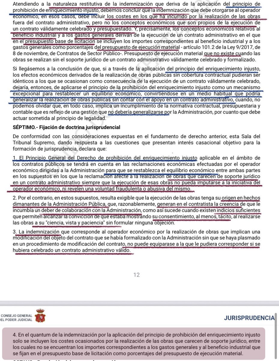 🔴Prohibición de enriquecimiento injusto de la Admon. por ejecución de obras FUERA de contrato sin culpa del contratista➡️la indemnización NO comprende el Beneficio industrial ni Gastos grles (para no generalizar su uso ni el fraude a la LCSP)
☑️STS 11/12/25 (rec.6516/2022)