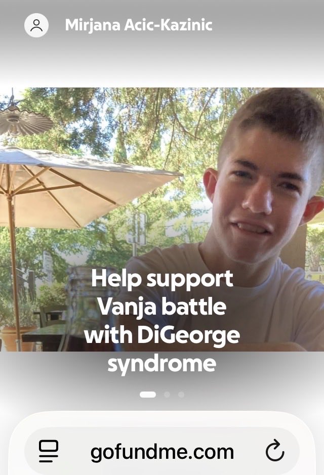 irenamurano's tweet image. Dragi narode, neki možda znaju neki ne da moj sin ima retku bolest, DiGeorge syndrom. Morala sam ovako jer ipak ne mogu sama, dobri ljudi su mu otvorili broj u fondaciji a prijateljica akciju na Gofindme...ko ima volje da podeli hvala od srca, profil i opis je u komentarima
❤️