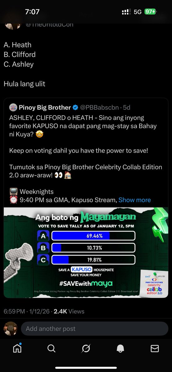 Tama na naman hula ko jusko!!

BBS HEATH
BBS CLIFFORD
BBS MIGUEL
BBS KRYSTAL
 #PBBCollab20FifthEviction