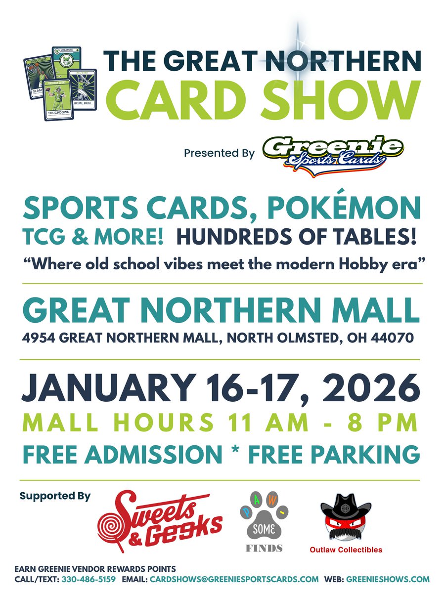 GreenieCards's tweet photo. Happy Card Show Day!!!

TODAY - Saturday January 17th, 2026
@greatnorthern 
11am - 8pm

Over 150 Tables 
Pokémon, One Piece, Sports, 3-D Printing and more!
Buy, Sell, Trade! 

Awesome Food Court! Plenty of Parking.

The show runs down all the aisles so be prepared to get your steps in.  There's an entrance by the food court and also by @Sweets_n_Geeks.  You can even enter by the movie theater and hit those vendors first.  Make sure you walk down towards Macy's and Dillards.  You can see the map below of where tables are set up.

@Paw_someFinds 
@OutlawCollect 

Email: Cardshows@greeniesportscards.com
Call/Text: 330-486-5159
Website: https://t.co/F3VE9YPMuu

#cardshow #sportscards #pokemon #onepiece #greatnorthernmall #greenieshows