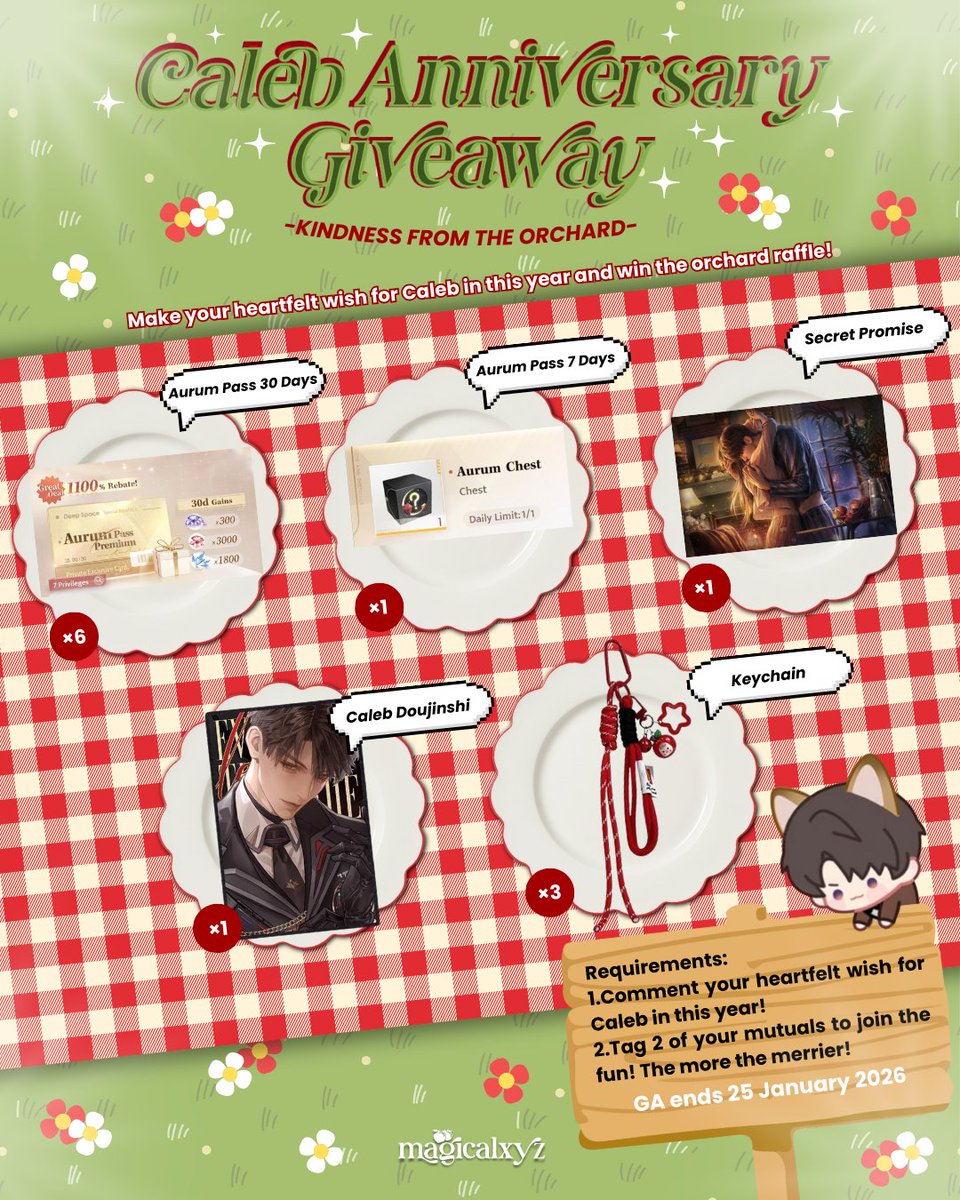 💖 𝐂𝐚𝐥𝐞𝐛'𝐬 𝐀𝐧𝐧𝐢𝐯𝐞𝐫𝐬𝐚𝐫𝐲 𝐒𝐩𝐞𝐜𝐢𝐚𝐥 𝐄𝐯𝐞𝐧𝐭 ✨🍎

We're holding a big giveaway to make your heartfelt wish for Caleb, so join and win the orchard raffle!!

Prize:
Caleb Doujinshi by <a href="/watermelon/">𝓇𝑒𝒾 ✈︎ ⋆°•☁︎ calebversary</a>
Aurum Pass by <a href="/xyzfrostt/">frost ˎˊ˗</a> 
Secret Promise by <a href="/muvym/">𝐭𝐲𝐚🧃 (busy)</a> 

Thanks to