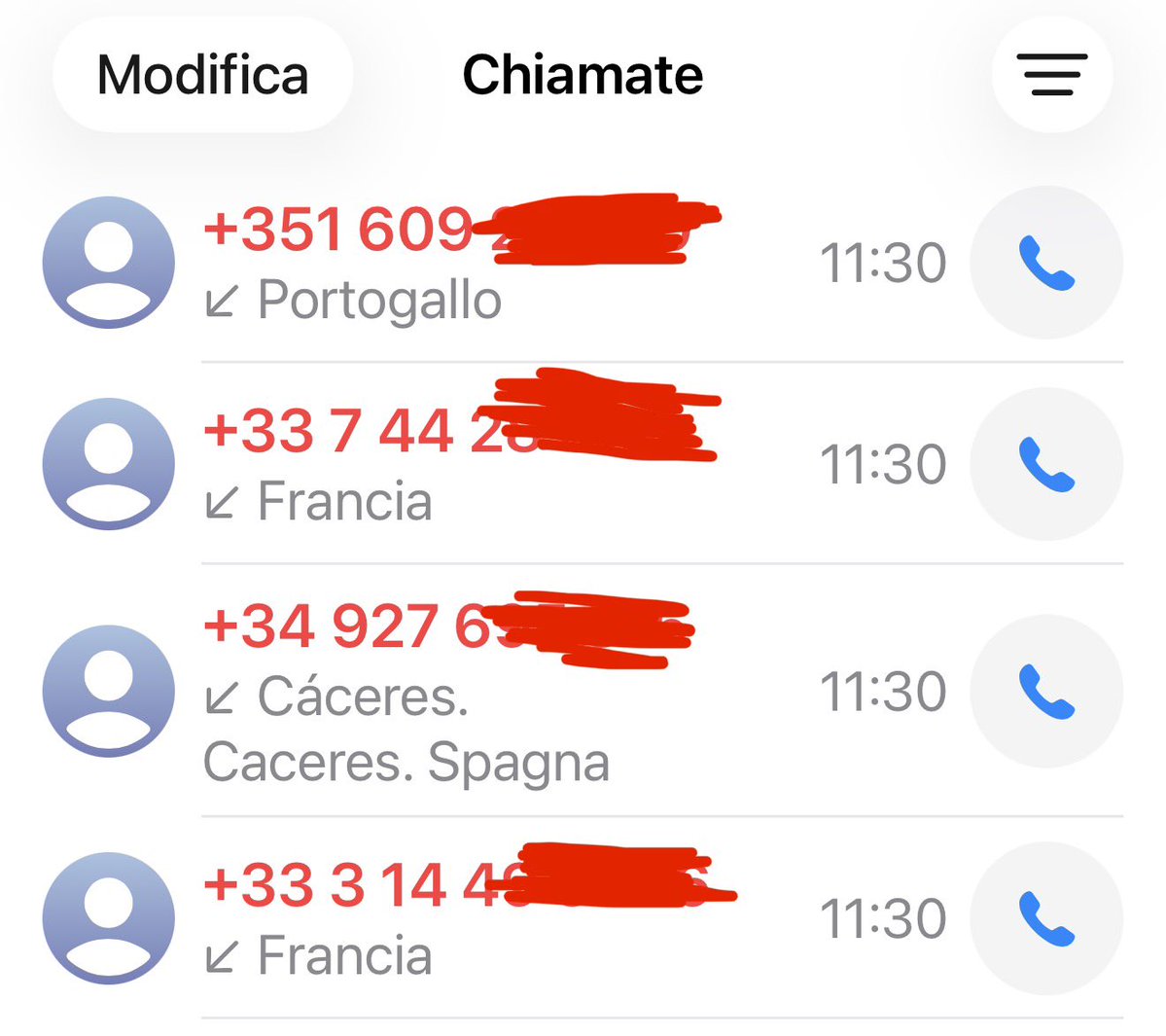 4 chiamate di #callcenter in un minuto da numeri europei non è una pratica commerciale aggressiva ma una violenza privata! 
Se milioni di cittadini vengono aggrediti in questo modo e #agcom e garanti non fanno nulla, chiudiamoli e risparmiamo! 
Qualcuno intervenga, perché è uno
