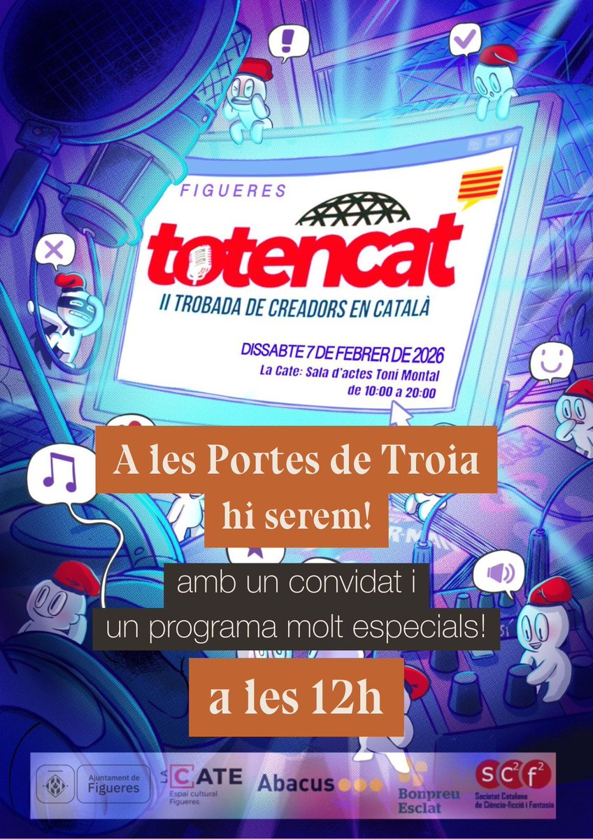 Vols passar una estona amb nosaltres?

📅 Dissabte 7 de febrer
⌚ A les 12h
📍 A la Cate, Figueres (<a href="/lacate/">LaCate</a>

🎙️ Programa en directe d'A les portes de Troia, al festival Totencat (toten.cat )

Prepara't per escoltar un tema i un convidat molt especials 😱