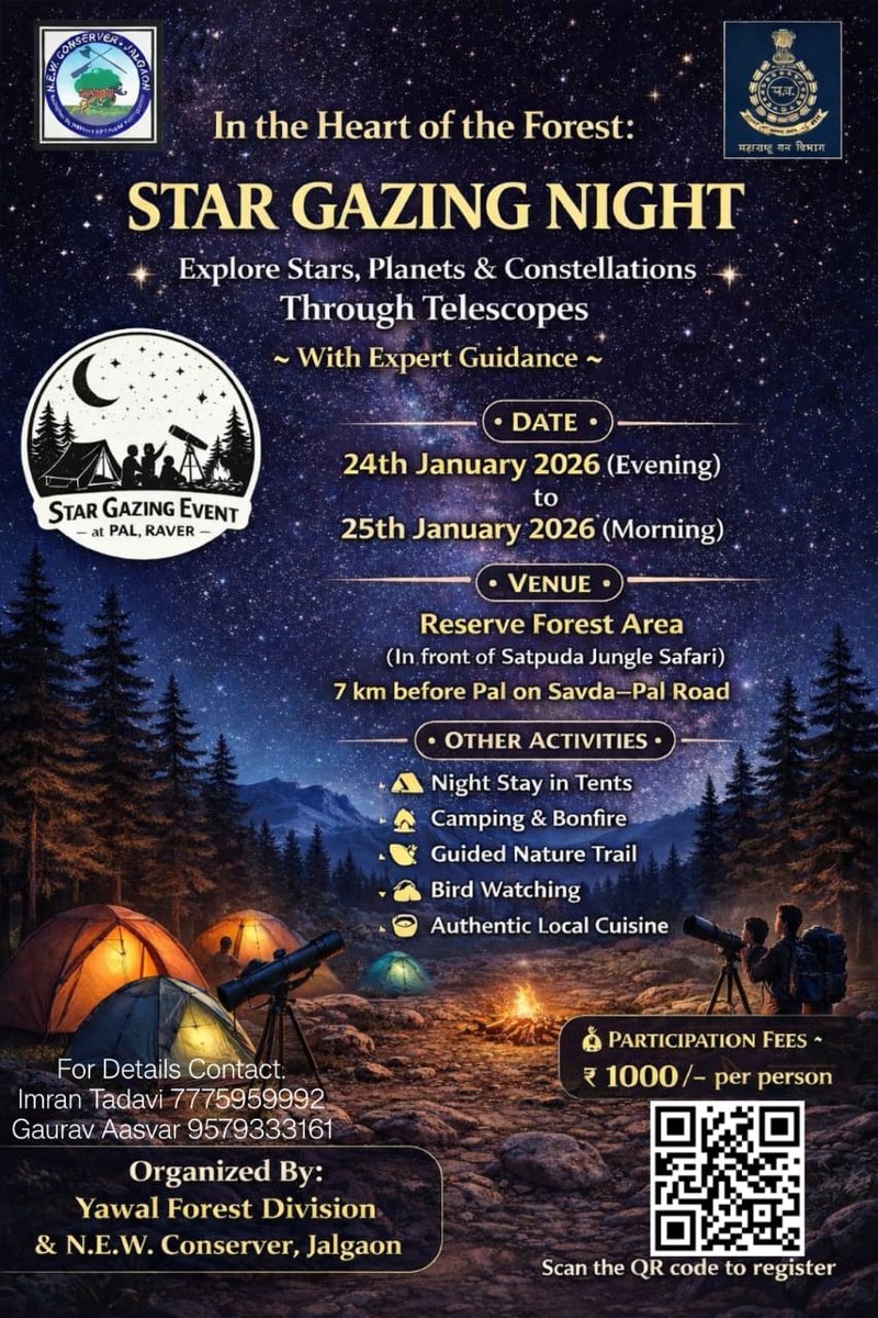 chinmay7102000's tweet photo. 🌌 In the Heart of the Forest – Star Gazing Night 🌲
📅 24–25 Jan 2026 | 📍 Pal, Jalgaon
🔭 Telescope stargazing | 🏕️ Forest camping | 🔥 Bonfire | 🦆 Nature trails
💰 ₹1000 | Limited seats
👉 Register: https://t.co/SeCYS97e7A
#StarGazing #AstroTourism #ForestCamping #Jalgaon https://t.co/0ekMMgMJrH
