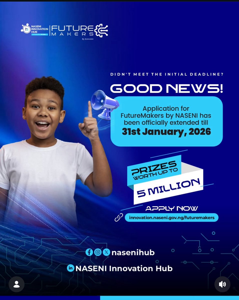 Applications are still ongoing for the FutureMakers Program

bit.ly/applyfuturemak…

<a href="/NITDANigeria/">NITDA Nigeria</a> <a href="/NASENIHQ/">NASENI</a> <a href="/Nasenihub/">NASENI Innovation Hub</a> <a href="/UNICEF_Nigeria/">UNICEF Nigeria</a> <a href="/UNDPNigeria/">UNDP Nigeria</a> <a href="/UNESCO/">UNESCO 🏛️ #Education #Sciences #Culture 🇺🇳</a> <a href="/NigEducation/">Federal Ministry of Education</a> <a href="/fmydNG/">Federal Ministry of Youth Development, Nigeria</a>