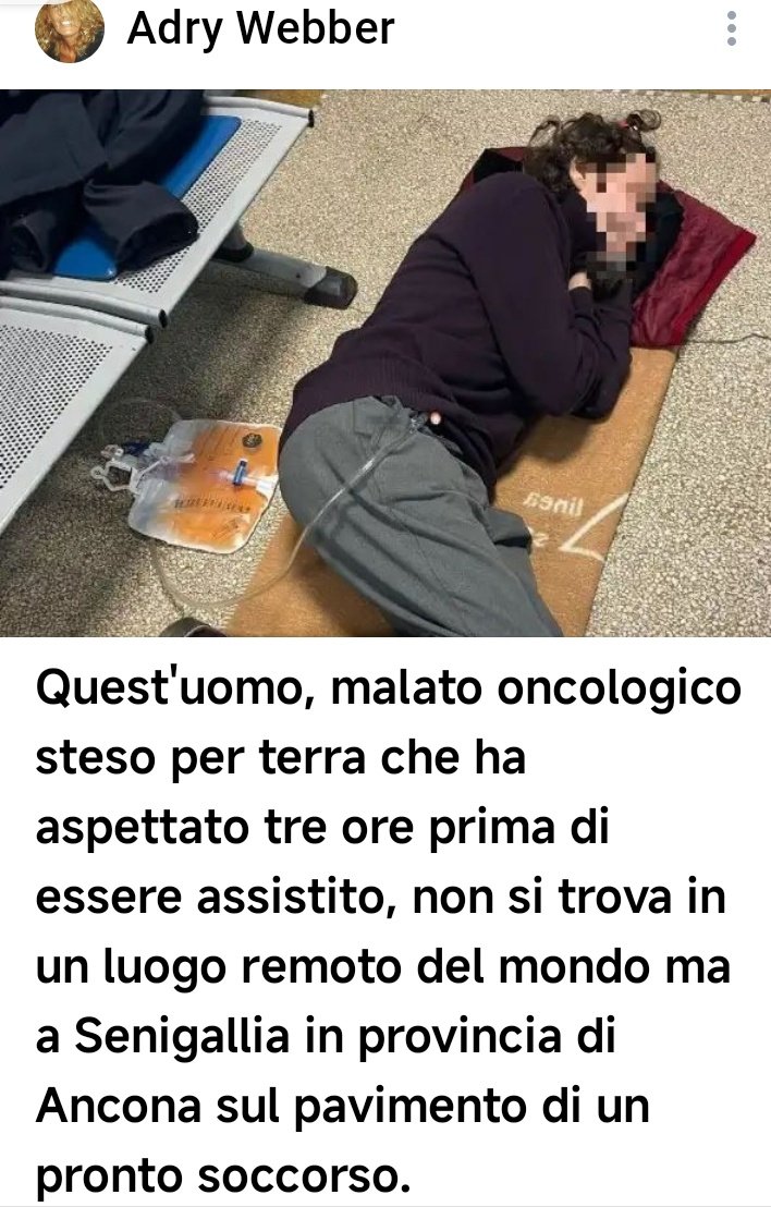 La moglie ha dichiarato che medici e infermieri sono troppo pochi e, quelli che ci sono, lavorano di corsa ...
ma, nel mentre, chi ci governa investe i nostri soldi in armi 😡
Neanche in Sudamerica ho visto una cosa del genere...