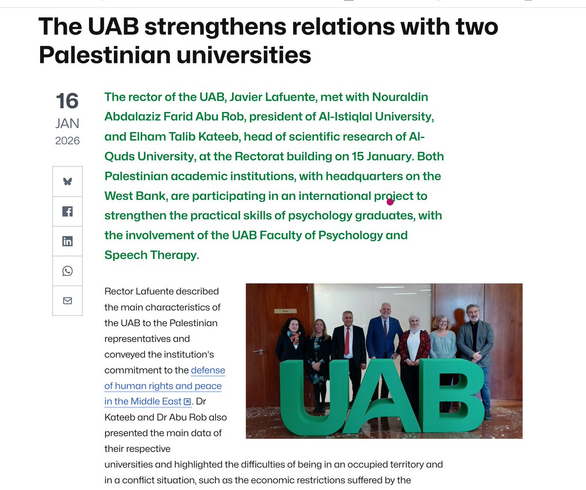 ElhamKateeb's tweet image. Honored to visit Universitat Autònoma de Barcelona (UAB) representing Al-Quds University, and truly inspired by UAB’s academic excellence and its clear commitment to the right principles!
uab.cat/web/newsroom/n…