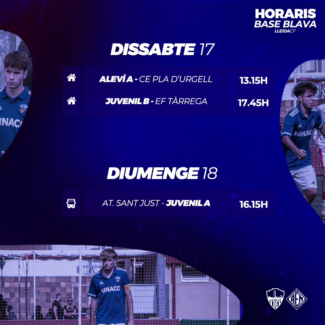 LleidaCF's tweet photo. Aquests són els horaris d’aquest cap de setmana de la Base Blava! 💙💪🏻
#BaseBlava #MésViusQueMai #LleidaCF https://t.co/vUs2SirDtQ