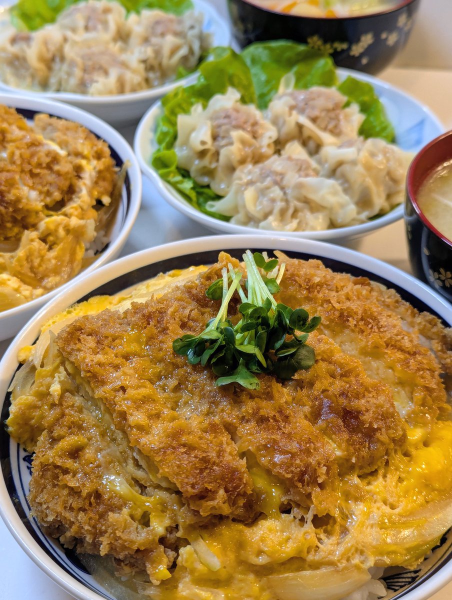 今日暖かかったよね☀ω☀
関係ないけど✨🎌カツ丼🎌✨
 #ayapiごはん 
シュウマイもデカいよ〜🩷 ̖́-