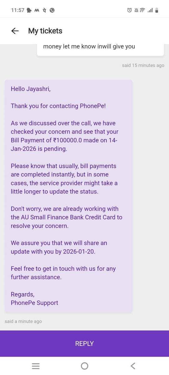 Ankit_Mantri22's tweet photo. @PhonePe Paid ₹1 lakh via PhonePe on 14 Jan for a bill payment. No resolution till date. TAT kept increasing—from 30 mins to 24 hrs, now 6 days. ₹1 lakh may be small for PhonePe, but it’s huge for me. Very disappointing experience how we trust you? https://t.co/Z9vEtos1Iy