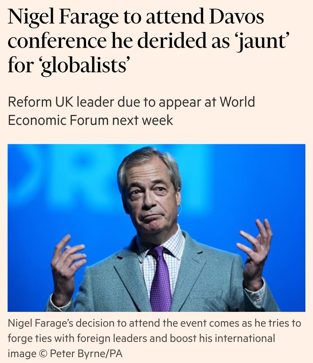 Con_Tomlinson's tweet image. There are two reasons Nigel Farage will now attend the World Economic Forum next week, after previously promising to cancel Britain's membership of the WEF:

&amp;gt; To ingratiate himself with world leaders, especially the Saudis and Emirates, ahead of becoming the next party of…