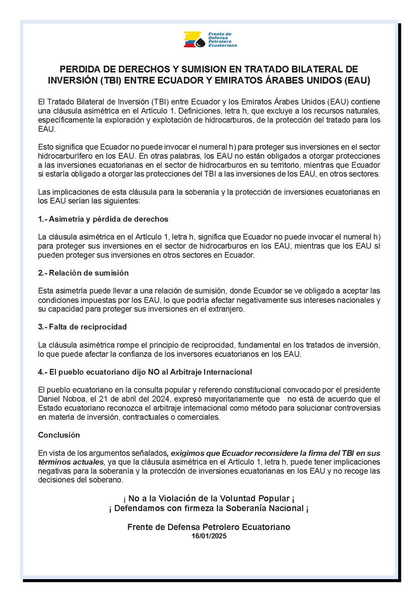 de_petrolero's tweet image. ¡ALERTA ECUADOR!  El TBI con EAU es una trampa: Cláusula asimétrica en Art. 1.h excluye hidrocarburos de protección para Ecuador en EAU, ¡pero no al revés! Pérdida de soberanía, sumisión y falta de reciprocidad. ¡El pueblo dijo NO al arbitraje internacional en 2024! Exigimos…