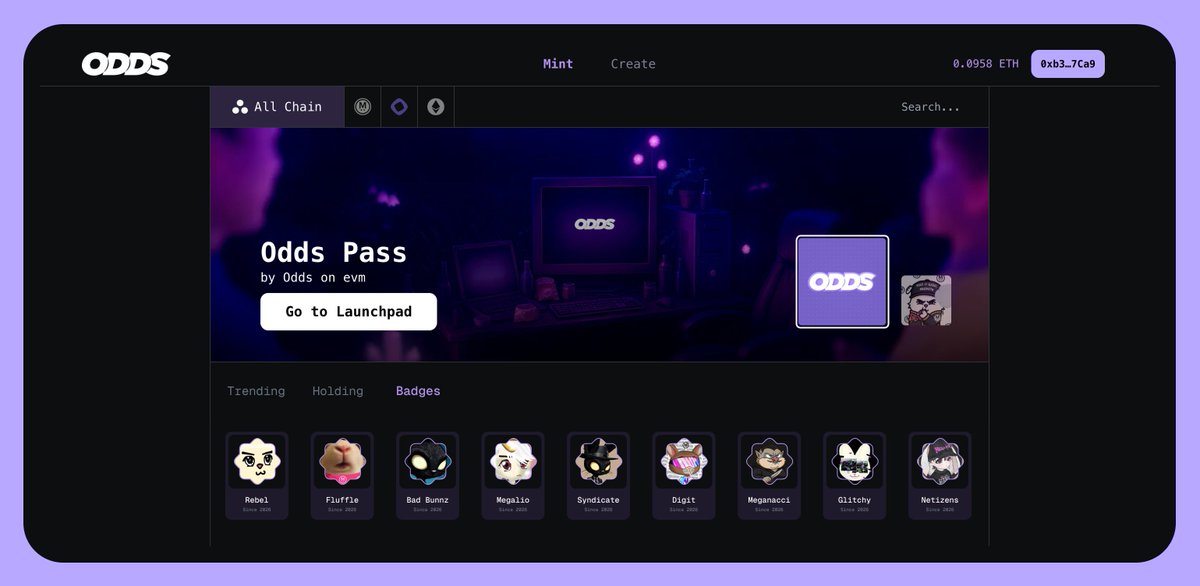 gmgm, planning to add badges on <a href="/oddslaunchpad/">Odds 🪄</a> 

<a href="/MegaRebelNFT/">Mega Rebel</a> 
<a href="/TheFluffleNFT/">The Fluffle</a> 
<a href="/badbunnz_/">Bad Bunnz</a> 
<a href="/MegalioETH/">Megalio ∑:</a> 
<a href="/joinsyndicate_/">Syndicate Σ:</a> 
<a href="/digitrabbits/">Digit Rabbits 🐰</a> 
<a href="/meganacci/">meganacci | ∑:</a> 
<a href="/404bunnies/">Glitchy Bunnies</a> 
<a href="/WCNetizens/">World Computer Netizens</a> 

still a plan for now, but most likely we’ll roll it out.