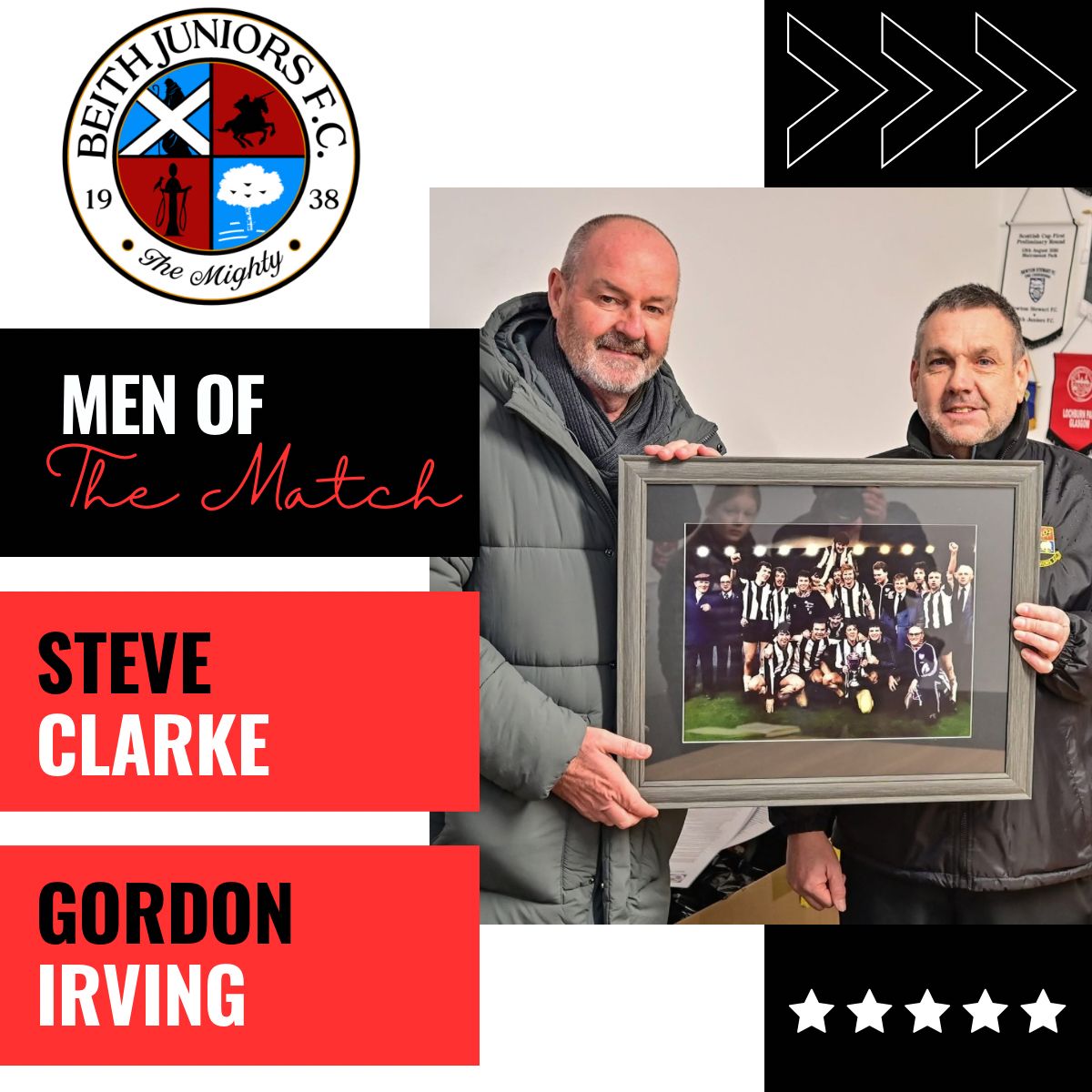 BeithJuniorsFC's tweet image. Dual Man of the Match Award from last night.

1. Steve Clarke for being so gracious with his time &amp;amp; of course switching the lights on.

2. Club President, Gordon Irving as without his drive and assistance we wouldn’t have the floodlights at all.