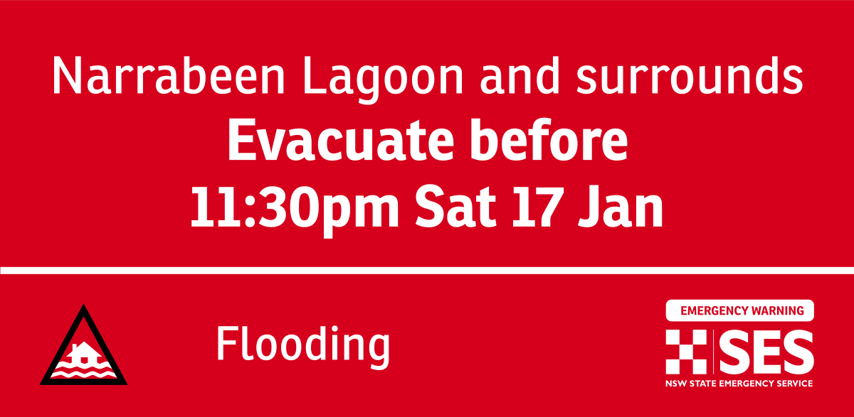 NSWSES's tweet photo. NSW SES is directing people to EVACUATE BEFORE 11:30 pm Sat 17 Jan due to localised flooding:
- Narrabeen Lagoon and surrounds, including BIG4 Sydney Lakeside Holiday Park 

EMERGENCY WARNING
Next update: Sunday 18 Jan 10:00 am

Find out more: https://t.co/G1oV7wrvtk https://t.co/XNwSBiGx3g