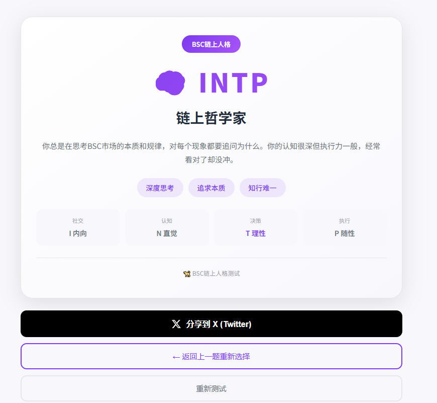 今天市场没啥东西，做了个BSC链上人格测试的网站，我测出来还挺准的，可以来试试，娱乐一下，结尾还有彩蛋

bscmbti.fun

<a href="/heyibinance/">Yi He</a>  <a href="/cz_binance/">CZ 🔶 BNB</a>   <a href="/nina_rong/">Nina Rong</a>