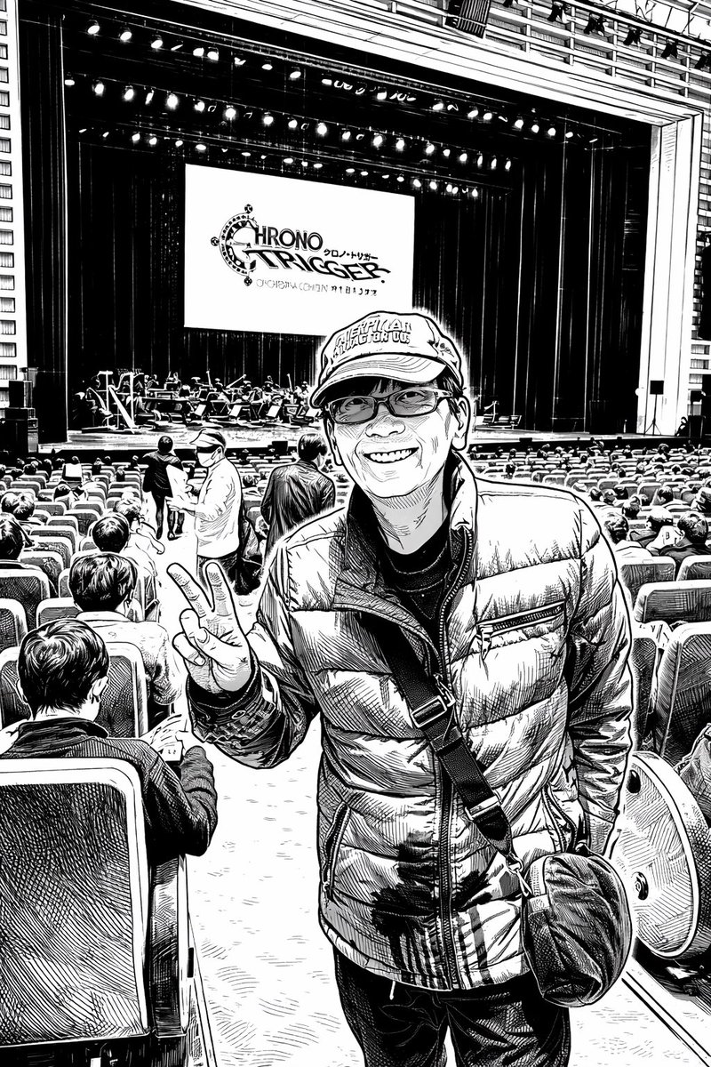 YujiHorii's tweet image. そんなわけで、国際フォーラムのクロノトリガーのコンサートにいってきました。巨大スクリーンにゲーム画面が映しだされ、オーケストラの素晴らしい演奏を聴きながら、いろんなシーンを思いだしました。もうあれから30年もたつんですね。ちなみに下の線画はチャッピーに描いてもらいました。