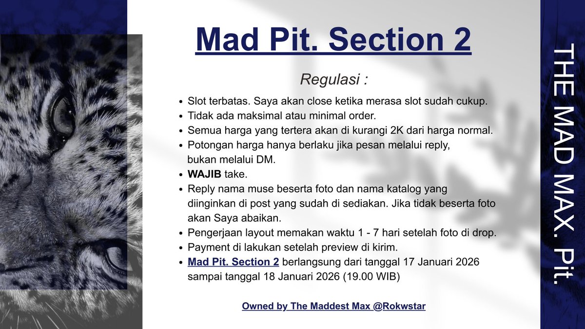 Rokwstar's tweet image. Help repost!

Selamat malam, akhirnya ada waktu luang lagi untuk mengadakan "Mad Pit. Section 2". Silahkan baca regulasi di bawah &amp;amp; jika ada yang di tanyakan bisa menghubungi DM saya.

U. #zonauang #zonajajan #zonabu