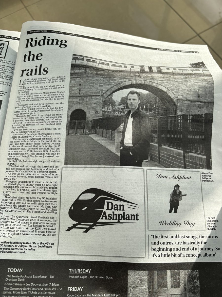 Dan features in today’s Guernsey Press. Be sure to grab a copy if you can. Thanks to Shaun Shackleton and <a href="/GuernseyPress/">Guernsey Press</a> #danashplant #inraillife #newalbum #guernseypress #interview