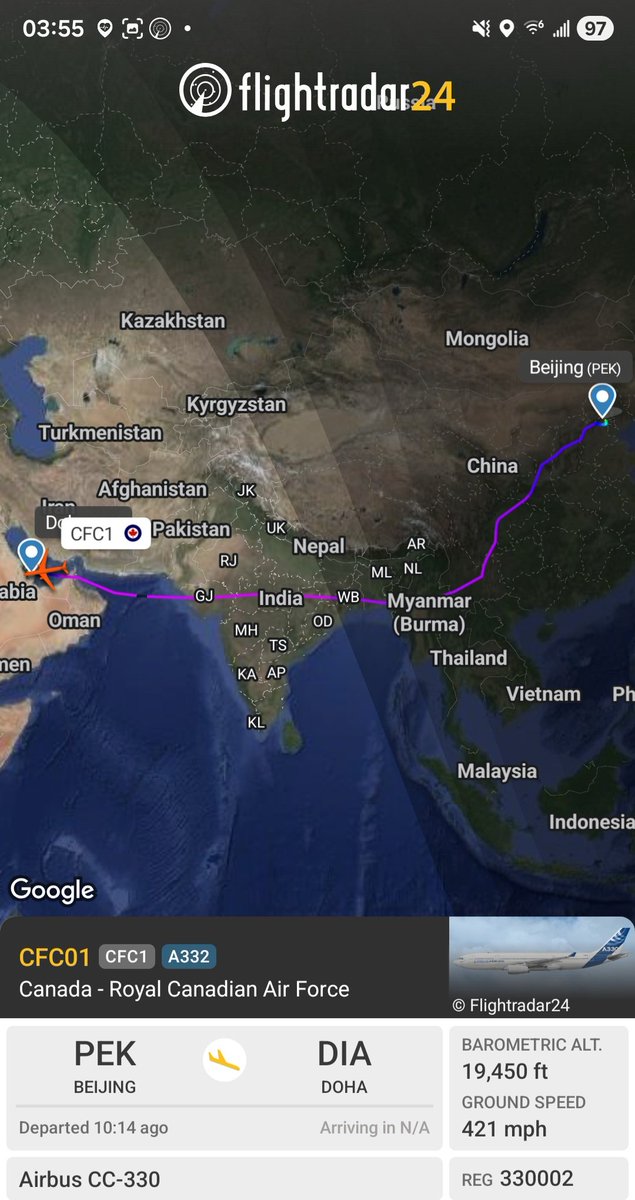 Borrowed7Time's tweet photo. Canada: Airbus CC-330 330002 #C2C363 as CFC01 en route from Beijing to Doha with PM Mark Carney on board.
@sipjack1776 @steffanwatkins @PeterVogel @LadyAstroJet https://t.co/ioCMgWUwGS